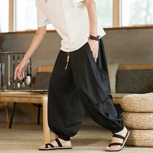 Buddha Stones Summer Casual Vintage Drawstring Solid Ankle Length Pants Men's Harem Pants With Pockets
