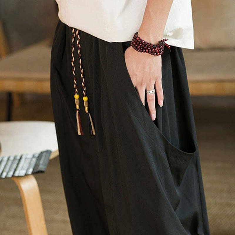 Buddha Stones Summer Casual Vintage Drawstring Solid Ankle Length Pants Men's Harem Pants With Pockets