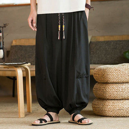 Buddha Stones Summer Casual Vintage Drawstring Solid Ankle Length Pants Men's Harem Pants With Pockets