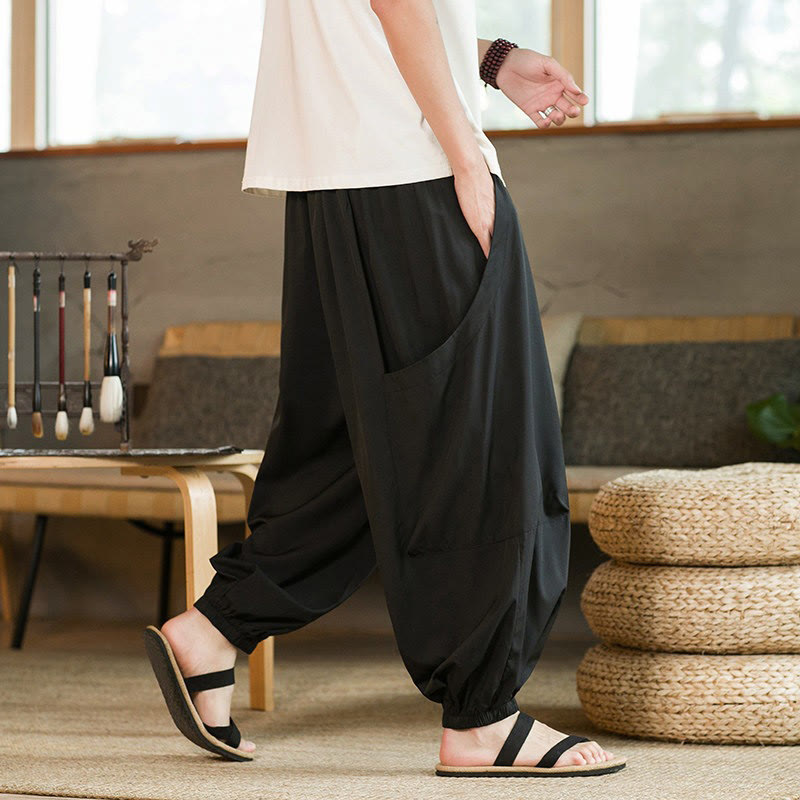 Buddha Stones Summer Casual Vintage Drawstring Solid Ankle Length Pants Men's Harem Pants With Pockets