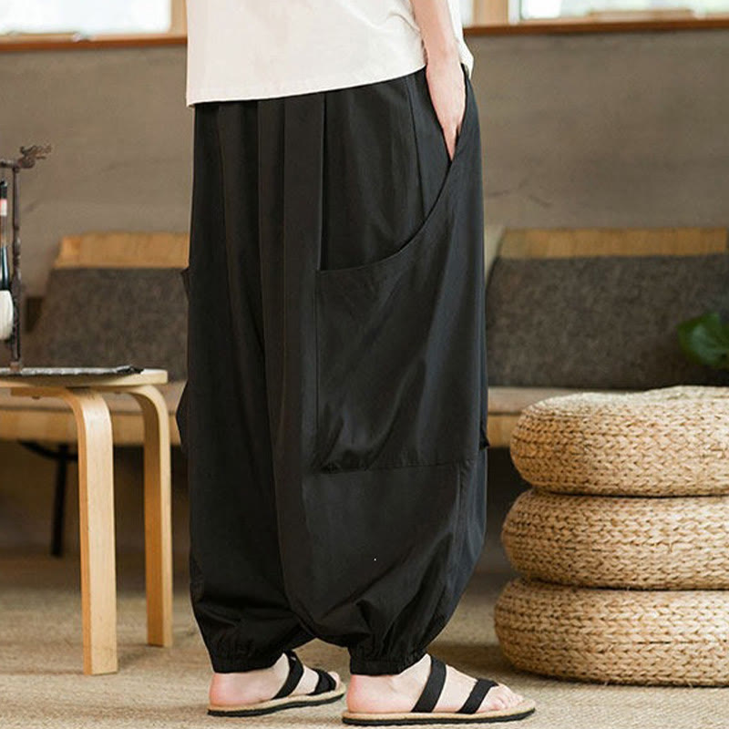Buddha Stones Summer Casual Vintage Drawstring Solid Ankle Length Pants Men's Harem Pants With Pockets