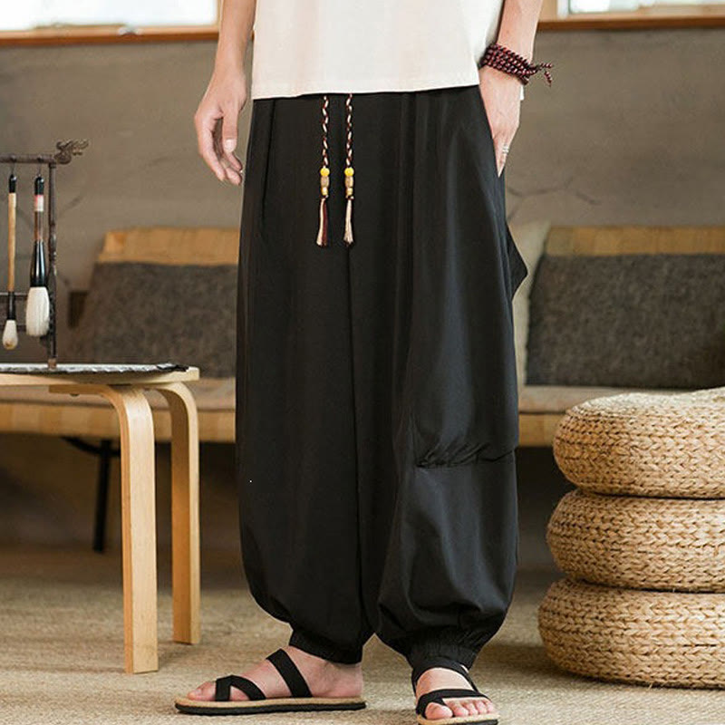 Buddha Stones Summer Casual Vintage Drawstring Solid Ankle Length Pants Men's Harem Pants With Pockets