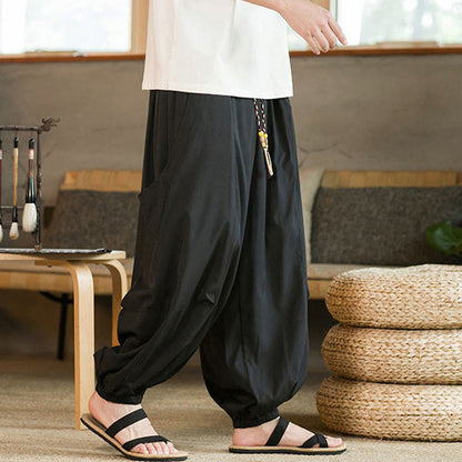 Buddha Stones Summer Casual Vintage Drawstring Solid Ankle Length Pants Men's Harem Pants With Pockets