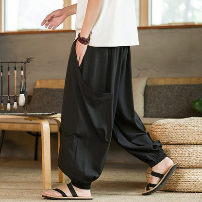 Buddha Stones Summer Casual Vintage Drawstring Solid Ankle Length Pants Men's Harem Pants With Pockets