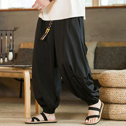 Buddha Stones Summer Casual Vintage Drawstring Solid Ankle Length Pants Men's Harem Pants With Pockets