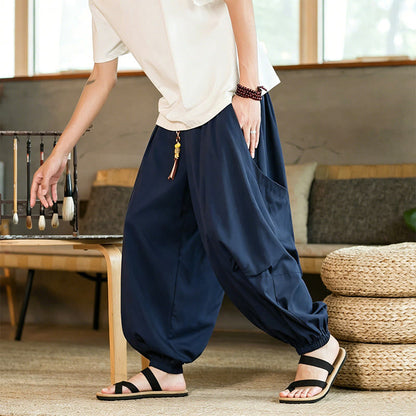 Buddha Stones Summer Casual Vintage Drawstring Solid Ankle Length Pants Men's Harem Pants With Pockets