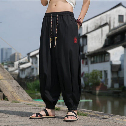 Buddha Stones Summer Casual Drawstring Chinese Character Carefree Embroidery Ankle Pants Men's Harem Pants With Pockets