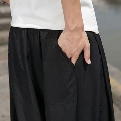 Buddha Stones Summer Casual Drawstring Chinese Character Carefree Embroidery Ankle Pants Men's Harem Pants With Pockets