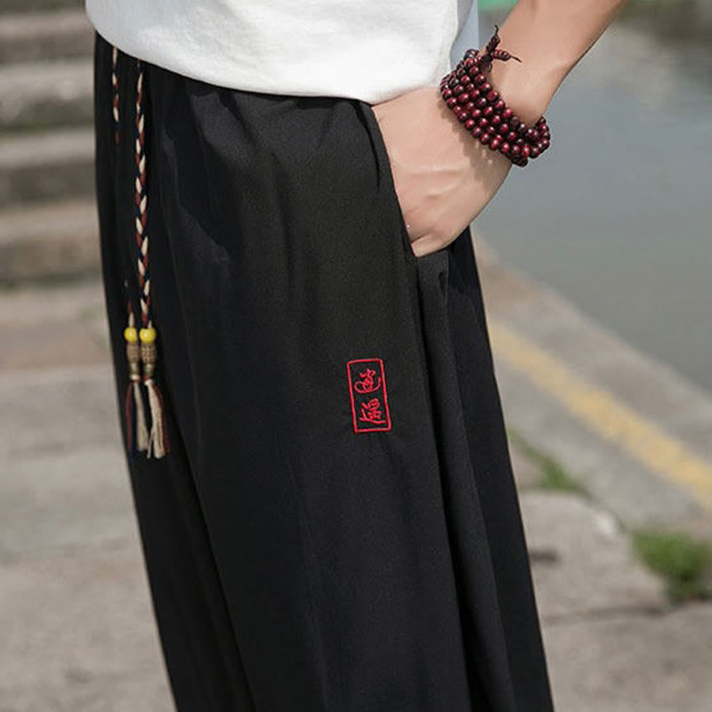 Buddha Stones Summer Casual Drawstring Chinese Character Carefree Embroidery Ankle Pants Men's Harem Pants With Pockets