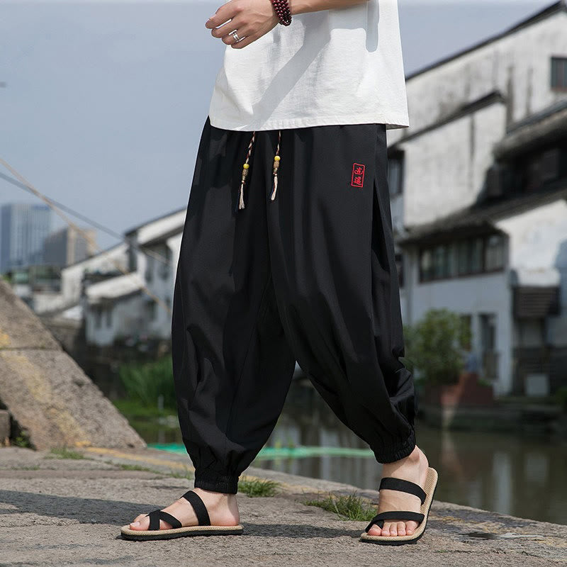 Buddha Stones Summer Casual Drawstring Chinese Character Carefree Embroidery Ankle Pants Men's Harem Pants With Pockets
