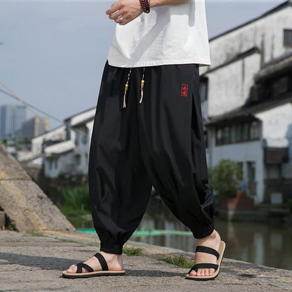 Buddha Stones Summer Casual Drawstring Chinese Character Carefree Embroidery Ankle Pants Men's Harem Pants With Pockets