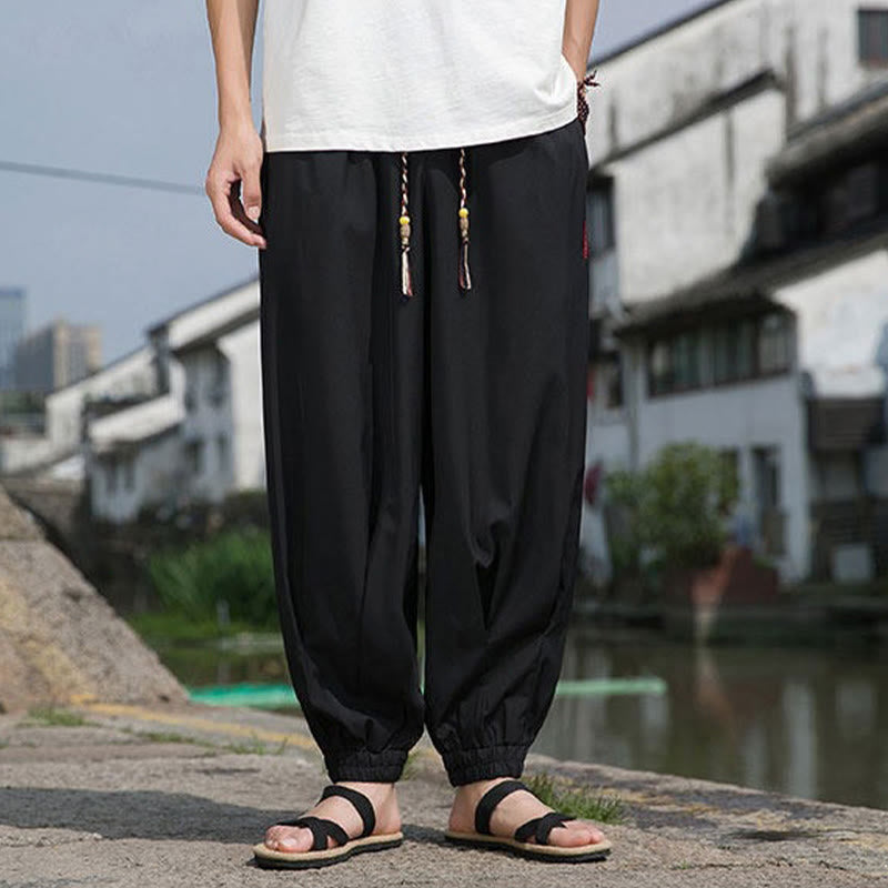 Buddha Stones Summer Casual Drawstring Chinese Character Carefree Embroidery Ankle Pants Men's Harem Pants With Pockets