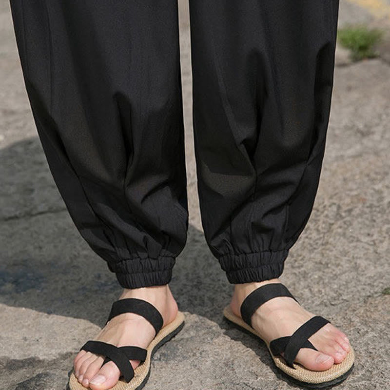 Buddha Stones Summer Casual Drawstring Chinese Character Carefree Embroidery Ankle Pants Men's Harem Pants With Pockets