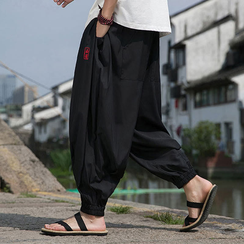 Buddha Stones Summer Casual Drawstring Chinese Character Carefree Embroidery Ankle Pants Men's Harem Pants With Pockets