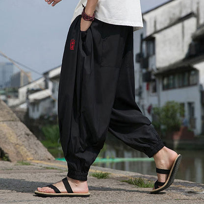 Buddha Stones Summer Casual Drawstring Chinese Character Carefree Embroidery Ankle Pants Men's Harem Pants With Pockets