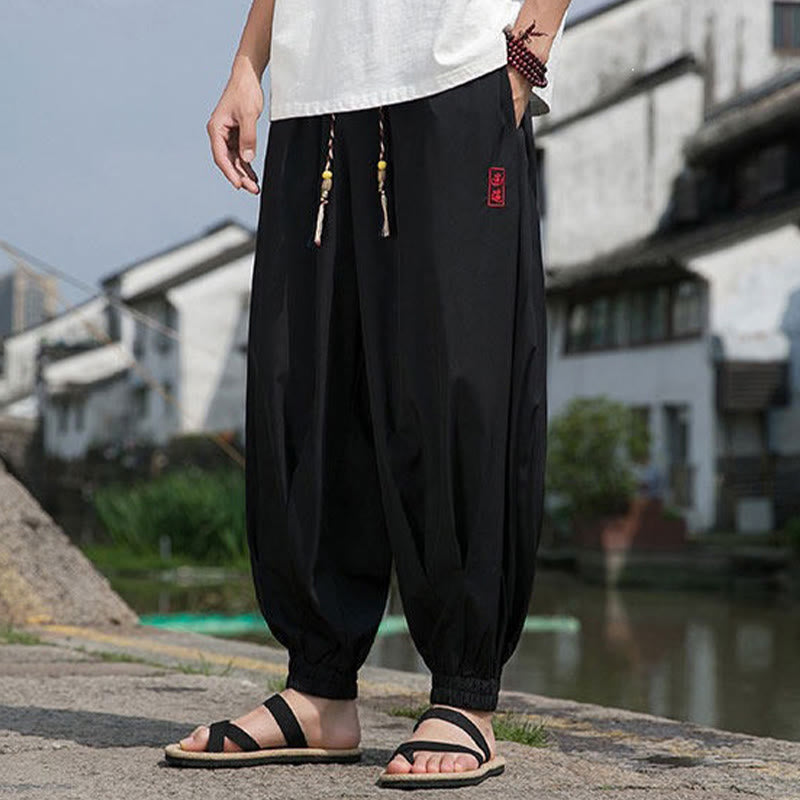 Buddha Stones Summer Casual Drawstring Chinese Character Carefree Embroidery Ankle Pants Men's Harem Pants With Pockets