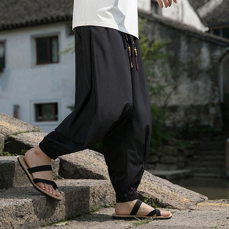 Buddha Stones Summer Casual Drawstring Chinese Character Carefree Embroidery Ankle Pants Men's Harem Pants With Pockets
