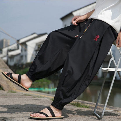 Buddha Stones Summer Casual Drawstring Chinese Character Carefree Embroidery Ankle Pants Men's Harem Pants With Pockets
