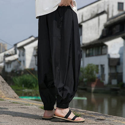 Buddha Stones Summer Casual Drawstring Chinese Character Carefree Embroidery Ankle Pants Men's Harem Pants With Pockets