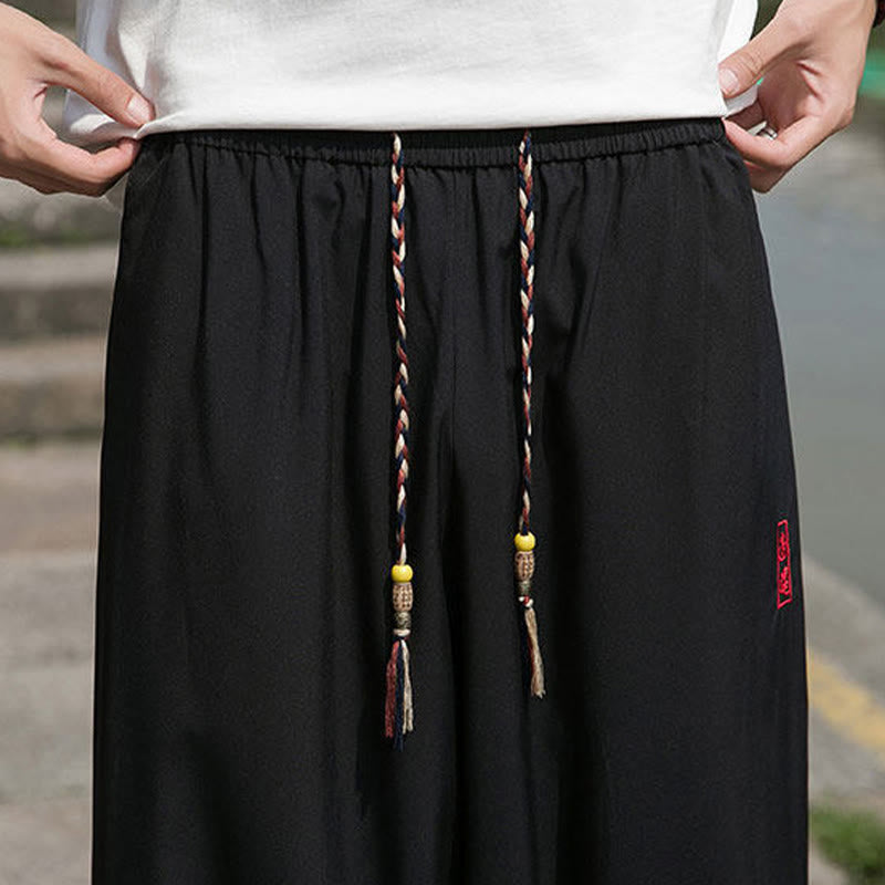 Buddha Stones Summer Casual Drawstring Chinese Character Carefree Embroidery Ankle Pants Men's Harem Pants With Pockets