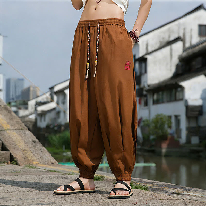 Buddha Stones Summer Casual Drawstring Chinese Character Carefree Embroidery Ankle Pants Men's Harem Pants With Pockets