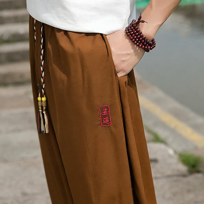 Buddha Stones Summer Casual Drawstring Chinese Character Carefree Embroidery Ankle Pants Men's Harem Pants With Pockets