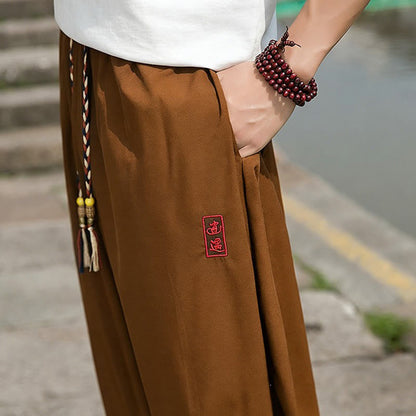 Buddha Stones Summer Casual Drawstring Chinese Character Carefree Embroidery Ankle Pants Men's Harem Pants With Pockets