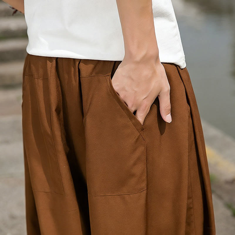 Buddha Stones Summer Casual Drawstring Chinese Character Carefree Embroidery Ankle Pants Men's Harem Pants With Pockets
