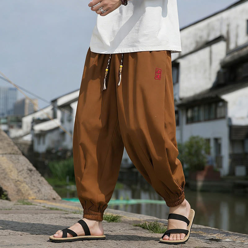 Buddha Stones Summer Casual Drawstring Chinese Character Carefree Embroidery Ankle Pants Men's Harem Pants With Pockets