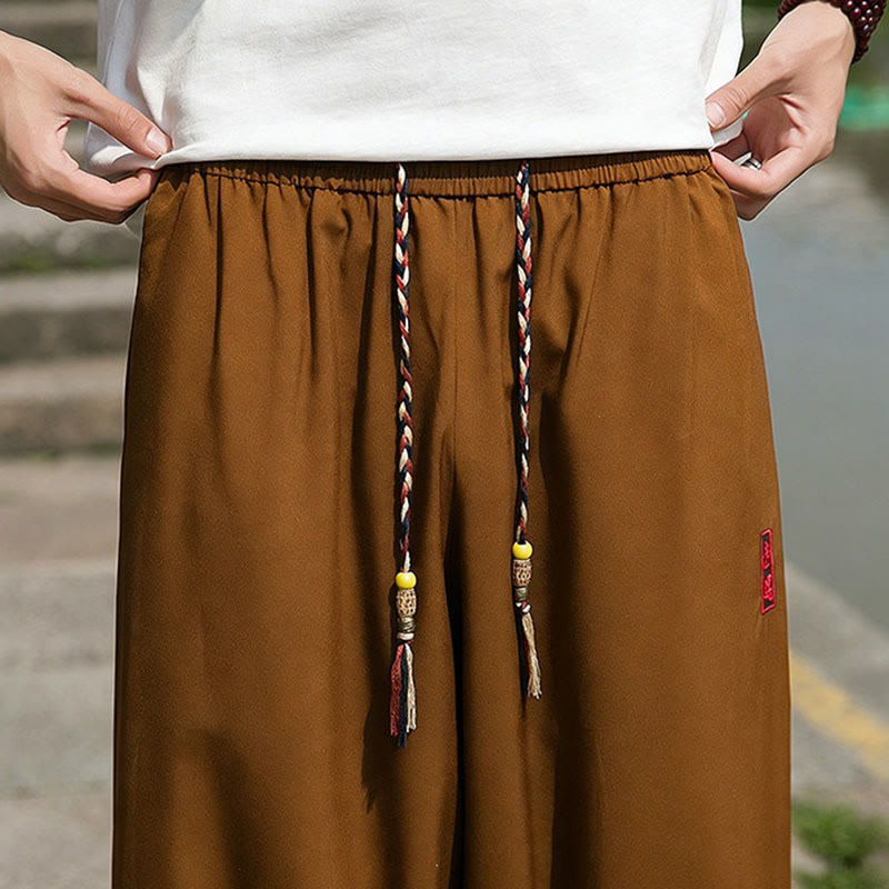 Buddha Stones Summer Casual Drawstring Chinese Character Carefree Embroidery Ankle Pants Men's Harem Pants With Pockets