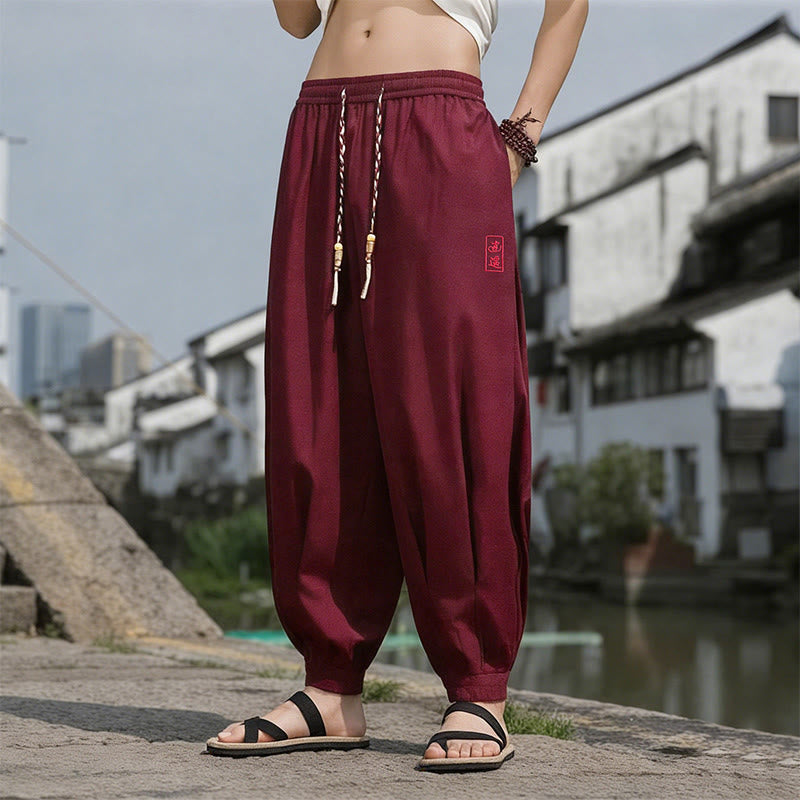 Buddha Stones Summer Casual Drawstring Chinese Character Carefree Embroidery Ankle Pants Men's Harem Pants With Pockets
