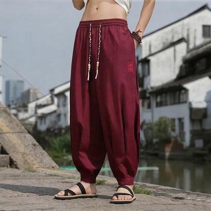 Buddha Stones Summer Casual Drawstring Chinese Character Carefree Embroidery Ankle Pants Men's Harem Pants With Pockets