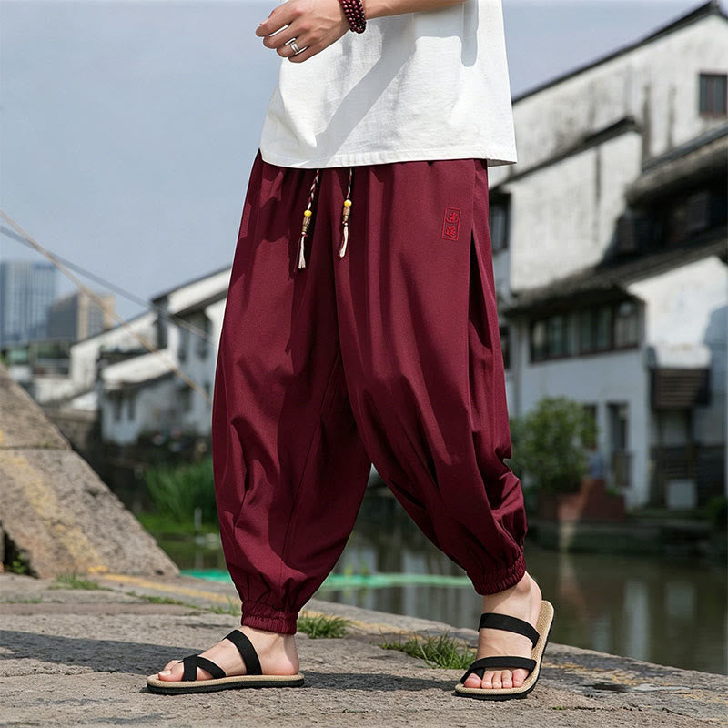Buddha Stones Summer Casual Drawstring Chinese Character Carefree Embroidery Ankle Pants Men's Harem Pants With Pockets