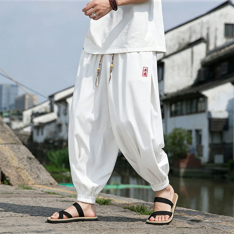 Buddha Stones Summer Casual Drawstring Chinese Character Carefree Embroidery Ankle Pants Men's Harem Pants With Pockets