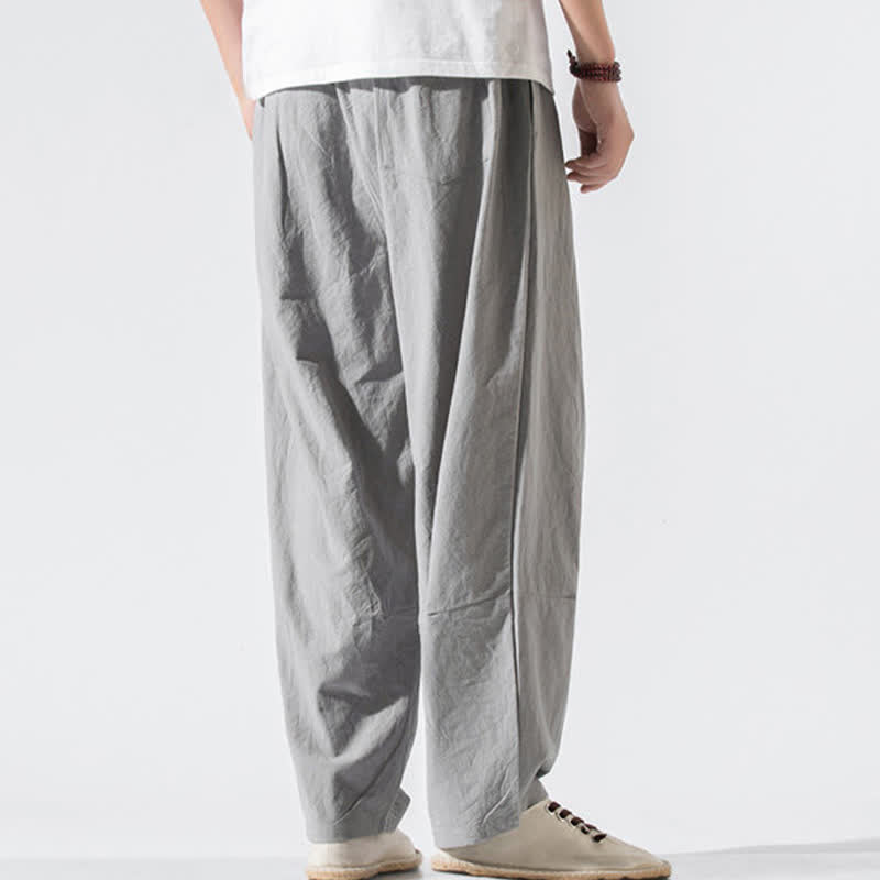 Buddha Stones Summer Casual Minimalist Drawstring Elastic Waist Solid Long Pants Men's Harem Pants With Pockets