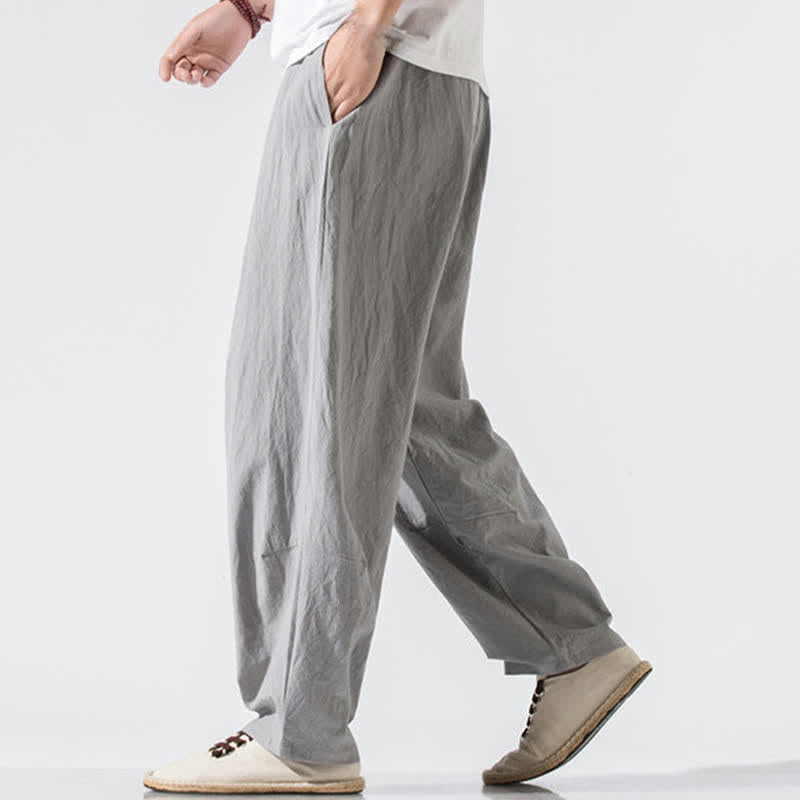 Buddha Stones Summer Casual Minimalist Drawstring Elastic Waist Solid Long Pants Men's Harem Pants With Pockets