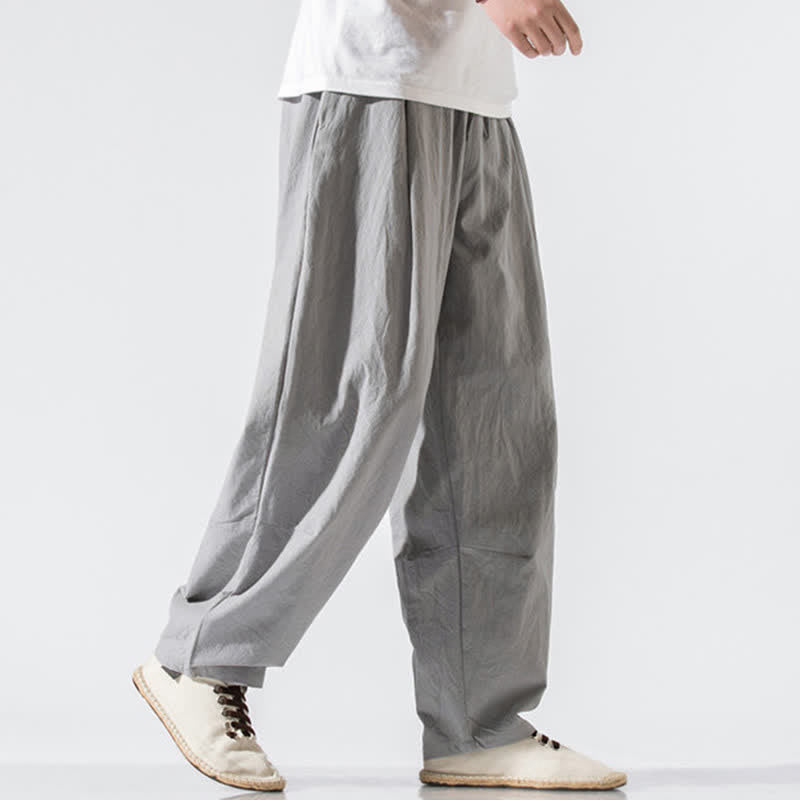 Buddha Stones Summer Casual Minimalist Drawstring Elastic Waist Solid Long Pants Men's Harem Pants With Pockets