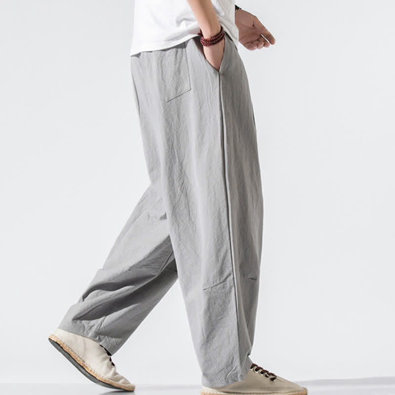 Buddha Stones Summer Casual Minimalist Drawstring Elastic Waist Solid Long Pants Men's Harem Pants With Pockets