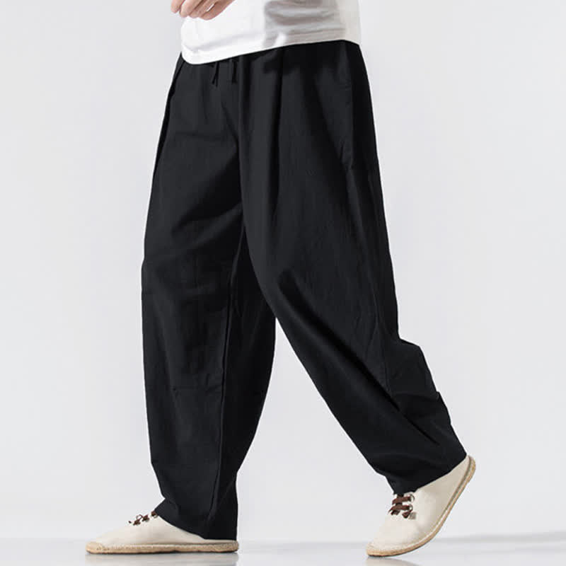 Buddha Stones Summer Casual Minimalist Drawstring Elastic Waist Solid Long Pants Men's Harem Pants With Pockets