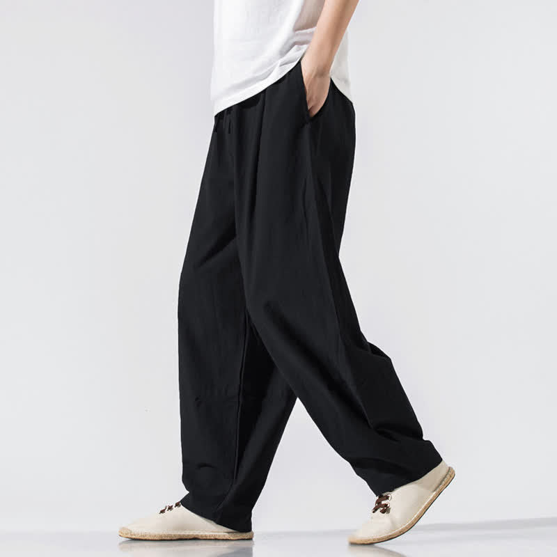 Buddha Stones Summer Casual Minimalist Drawstring Elastic Waist Solid Long Pants Men's Harem Pants With Pockets