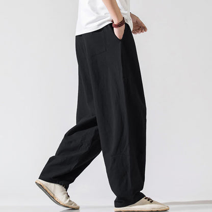 Buddha Stones Summer Casual Minimalist Drawstring Elastic Waist Solid Long Pants Men's Harem Pants With Pockets