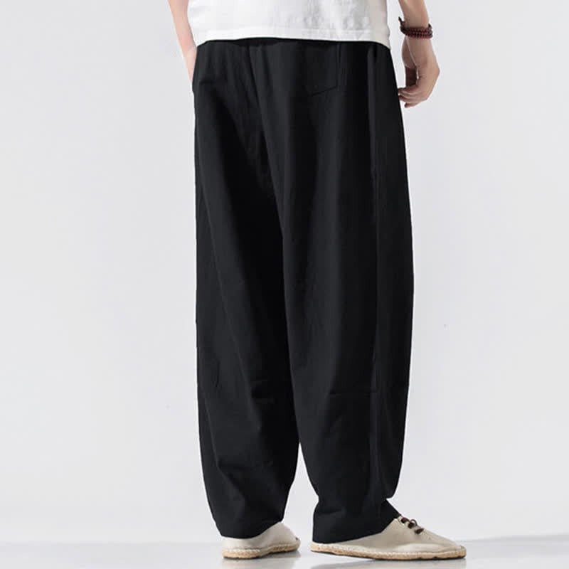 Buddha Stones Summer Casual Minimalist Drawstring Elastic Waist Solid Long Pants Men's Harem Pants With Pockets