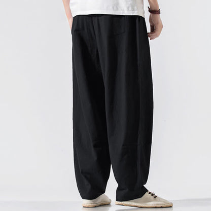 Buddha Stones Summer Casual Minimalist Drawstring Elastic Waist Solid Long Pants Men's Harem Pants With Pockets