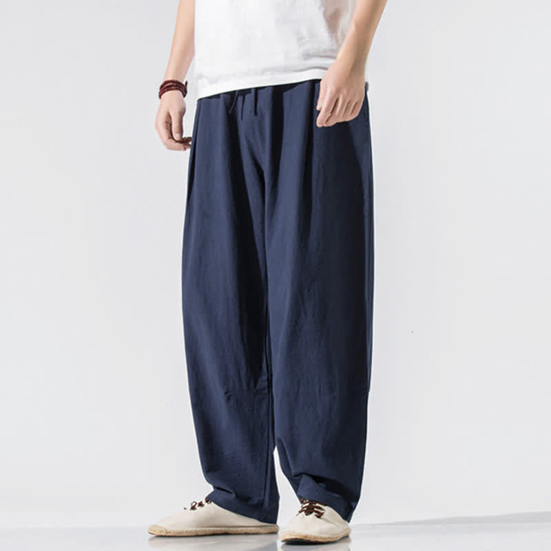 Buddha Stones Summer Casual Minimalist Drawstring Elastic Waist Solid Long Pants Men's Harem Pants With Pockets