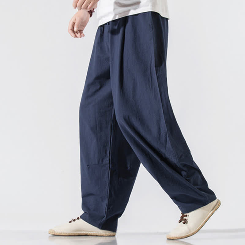 Buddha Stones Summer Casual Minimalist Drawstring Elastic Waist Solid Long Pants Men's Harem Pants With Pockets