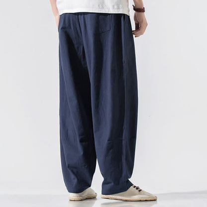 Buddha Stones Summer Casual Minimalist Drawstring Elastic Waist Solid Long Pants Men's Harem Pants With Pockets