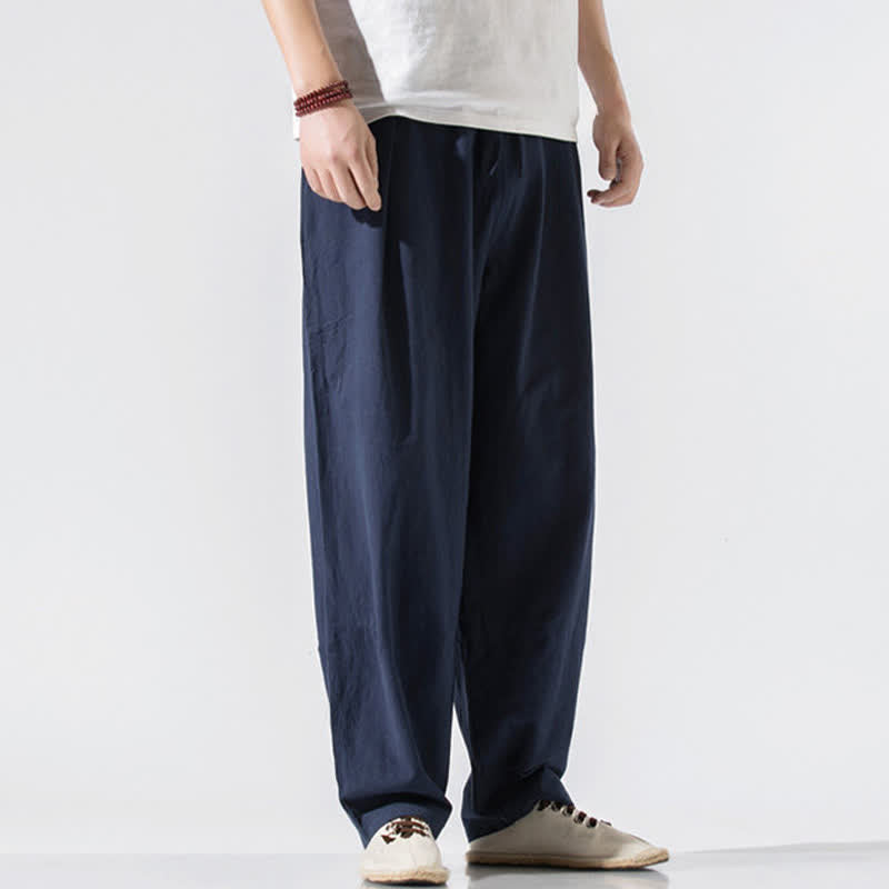 Buddha Stones Summer Casual Minimalist Drawstring Elastic Waist Solid Long Pants Men's Harem Pants With Pockets