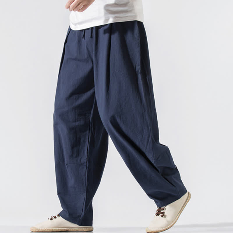 Buddha Stones Summer Casual Minimalist Drawstring Elastic Waist Solid Long Pants Men's Harem Pants With Pockets