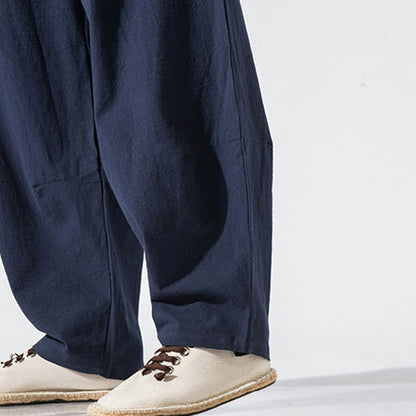 Buddha Stones Summer Casual Minimalist Drawstring Elastic Waist Solid Long Pants Men's Harem Pants With Pockets