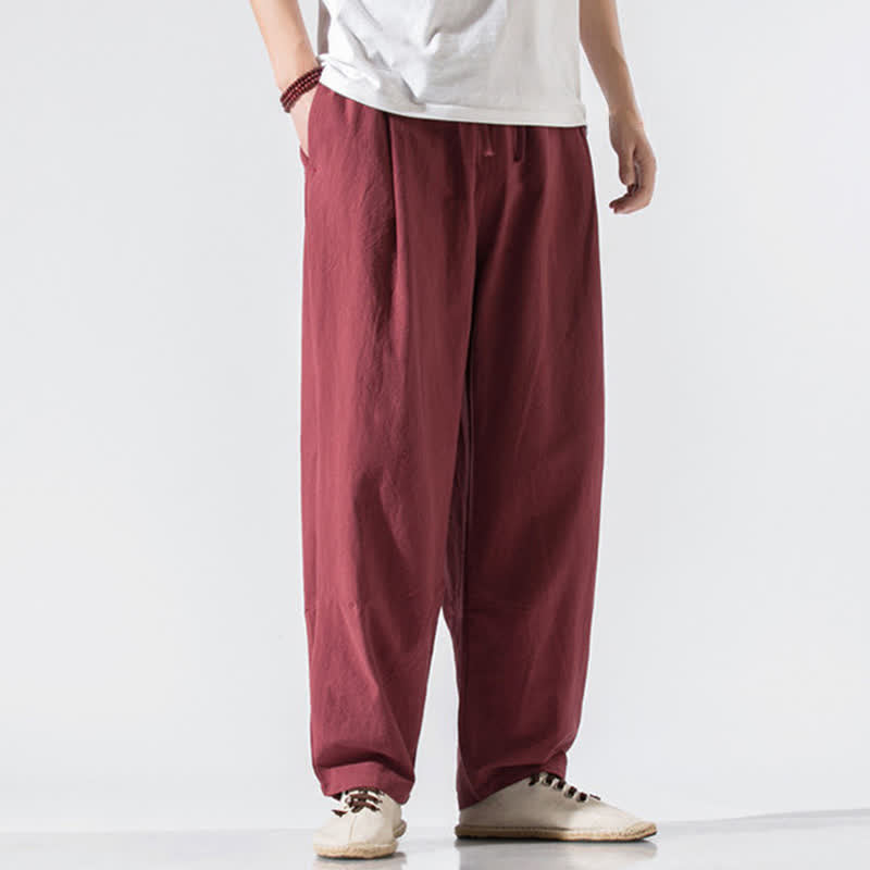 Buddha Stones Summer Casual Minimalist Drawstring Elastic Waist Solid Long Pants Men's Harem Pants With Pockets